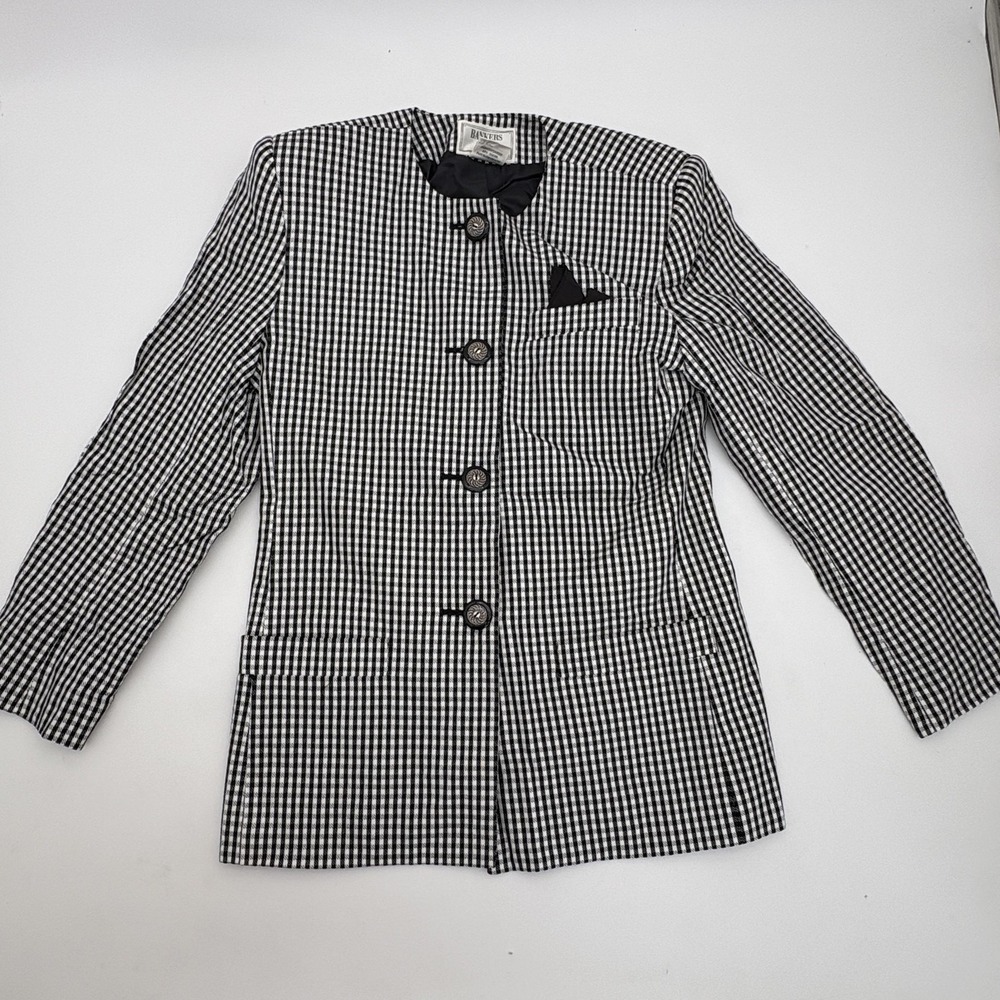 Vintage Bankers Club Blazer Jacket Womens 2P Black White‎ Check Button Japan